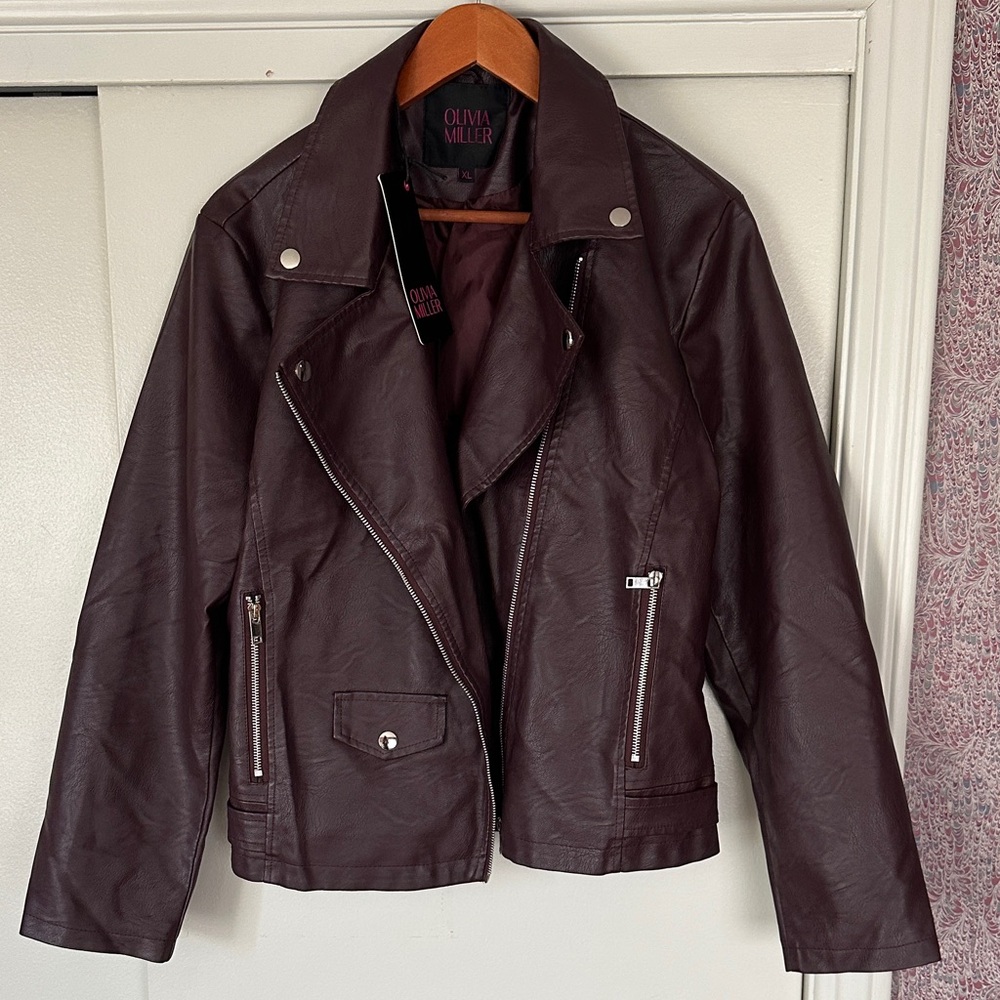 Olivia Miller Women's Faux Leather Moto Jacket - Burgundy